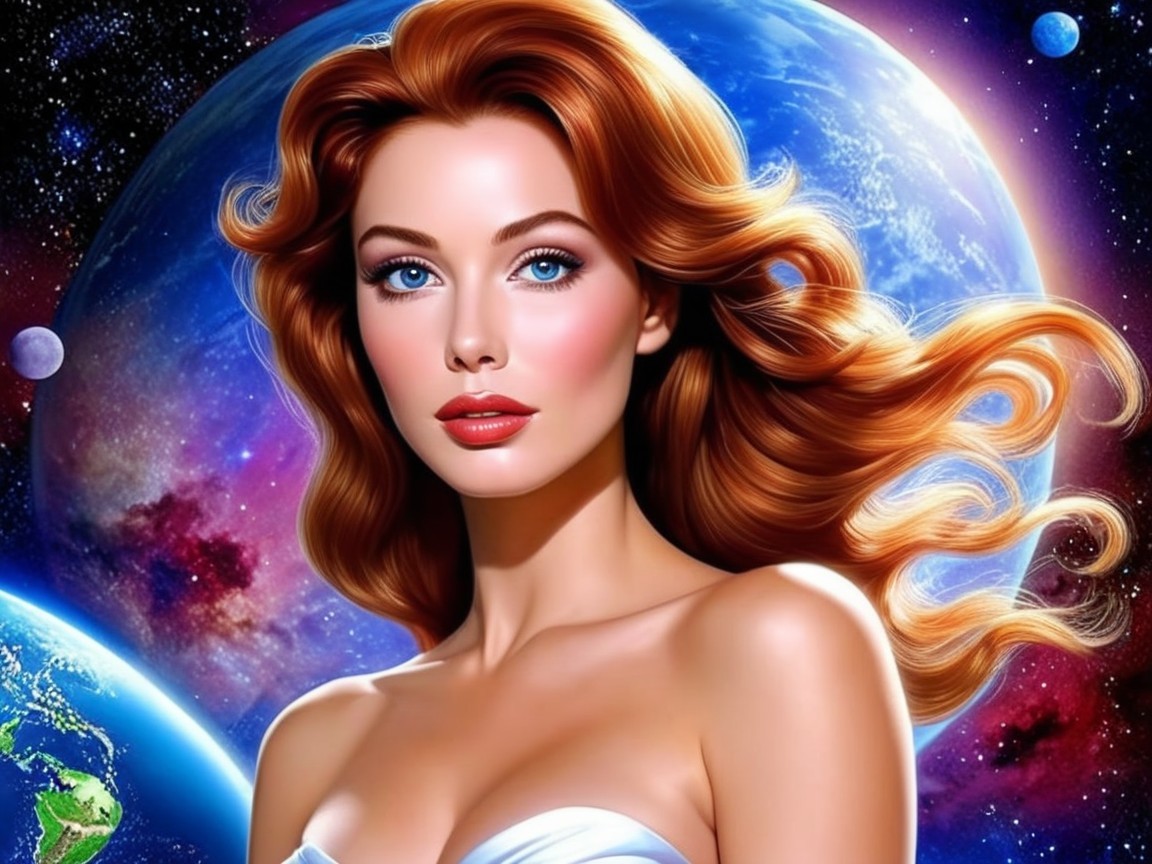 Woman with Red Hair in Cosmic Background