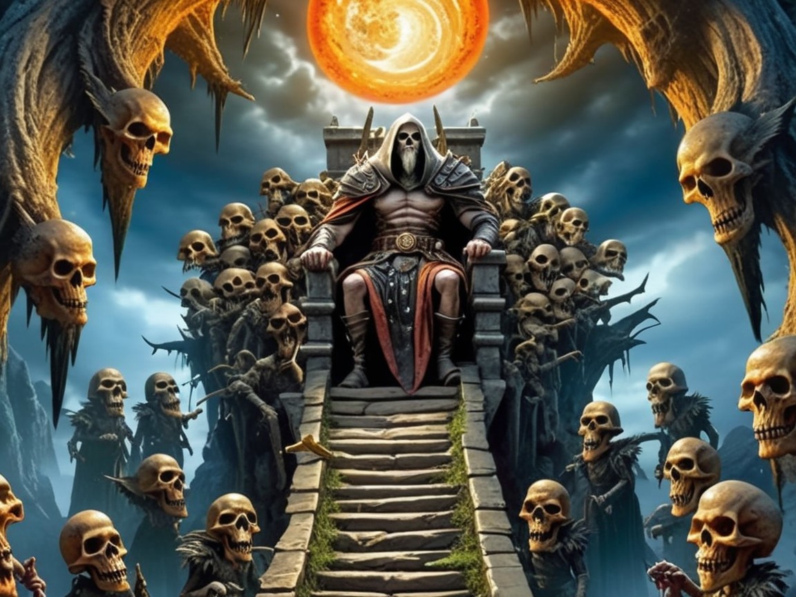 Skeletal Figure on Throne Surrounded by Skulls and Shadows