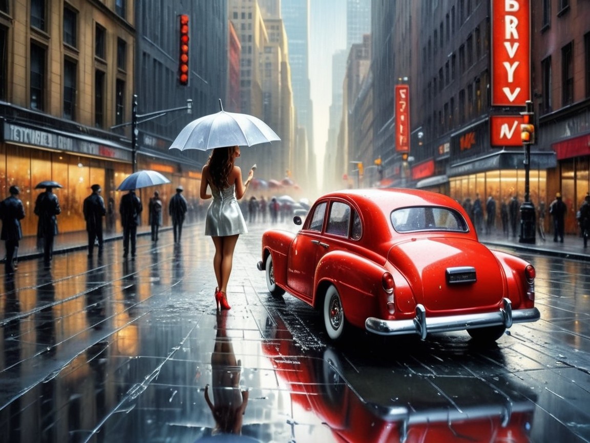 Vibrant City Scene with Stylish Woman and Classic Car