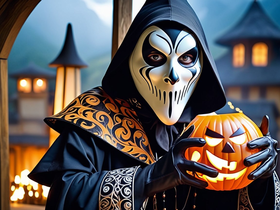 Cloaked Figure with Skull Mask in Eerie Halloween Scene