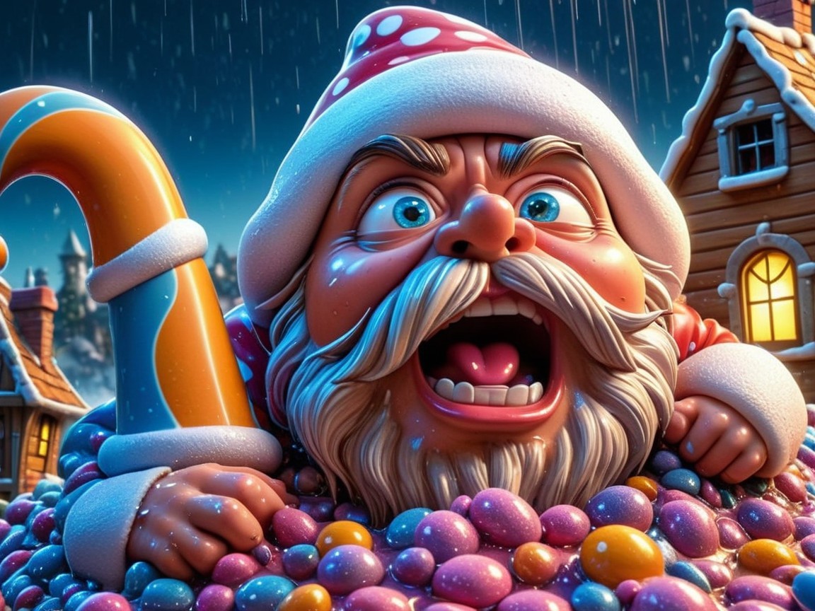 Whimsical Santa-like Character Surrounded by Candy