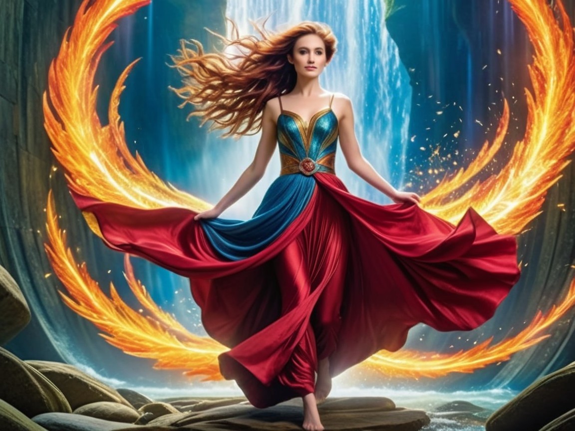 Vibrant Gown and Fiery Wings in a Fantastical Scene