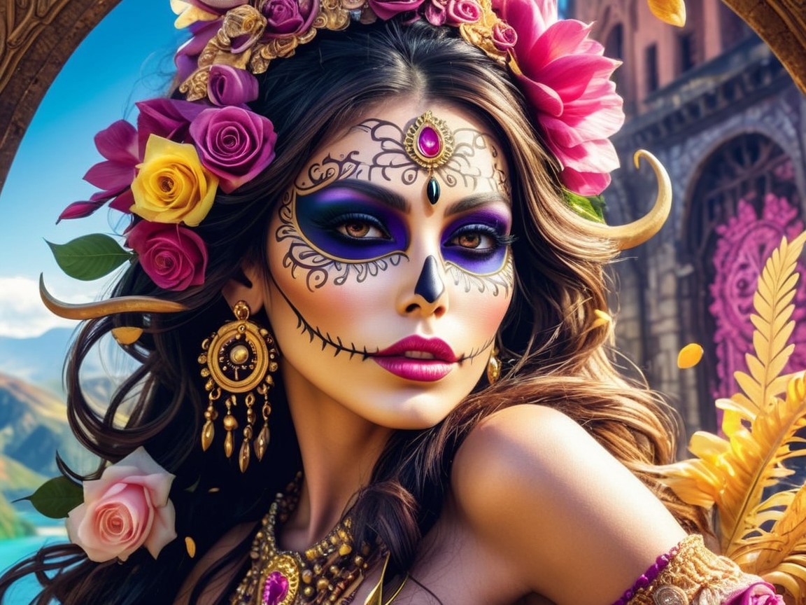 Intricate Sugar Skull Makeup with Floral Headdress