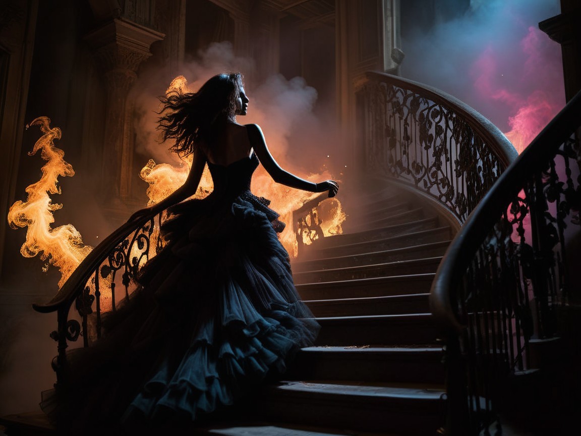 Dramatic Scene on Grand Staircase with Flames and Gown