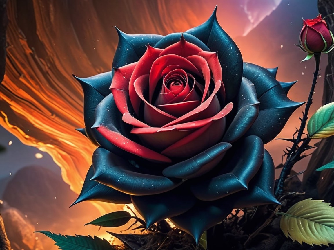Oversized red rose with black edges in surreal setting