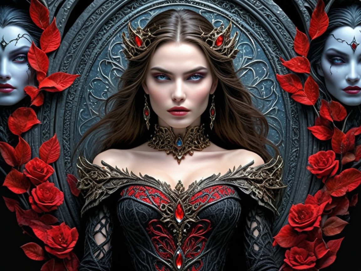 Gothic Figure in Black and Red Gown with Roses