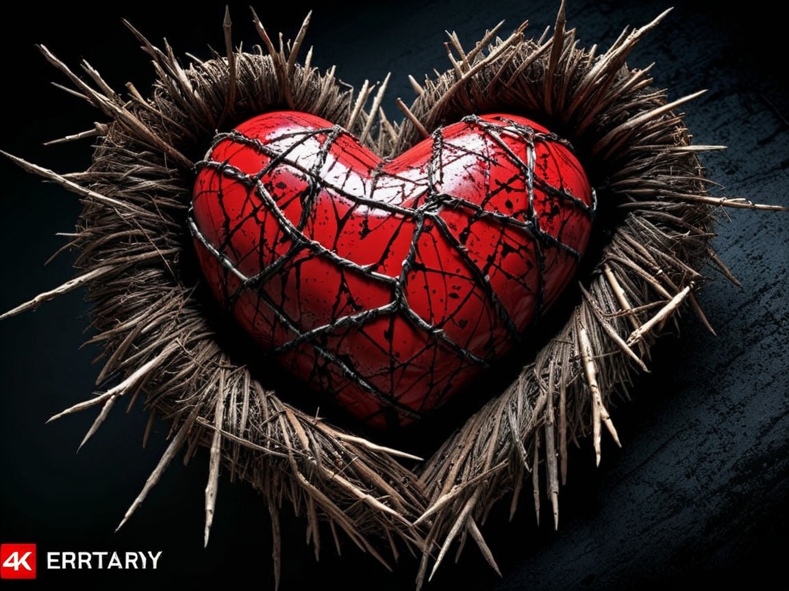 Red Heart Surrounded by Thorny Wreath on Dark Background
