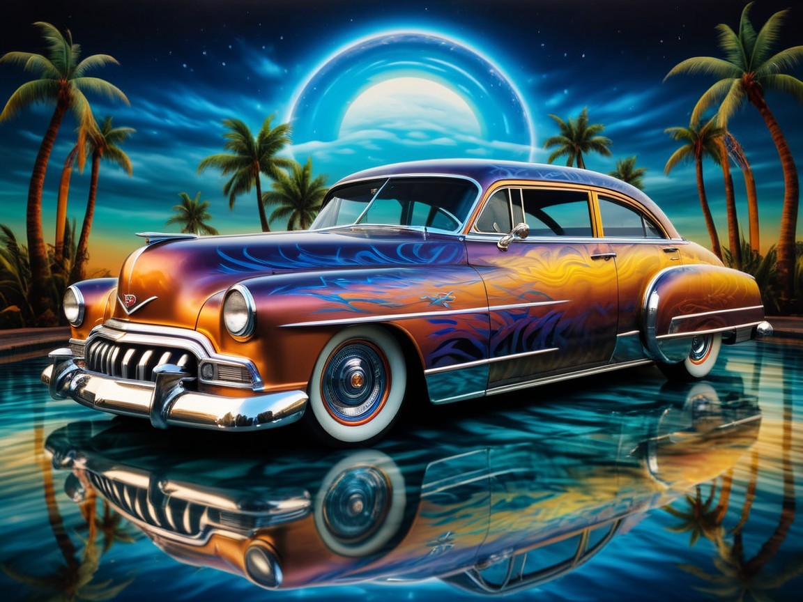 Vintage car with flame design by reflective water