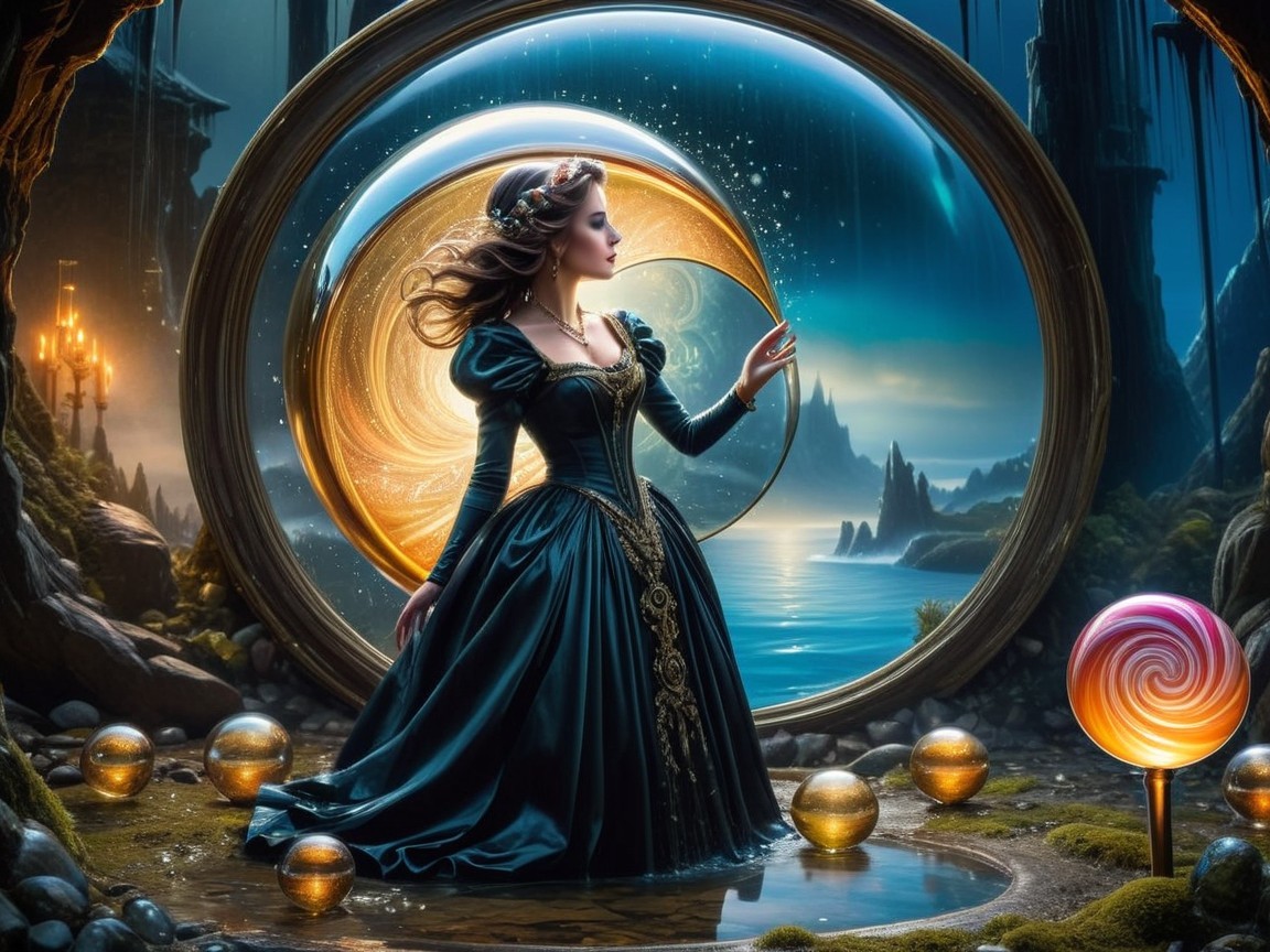 Woman in Black Gown Before Ornate Magical Portal
