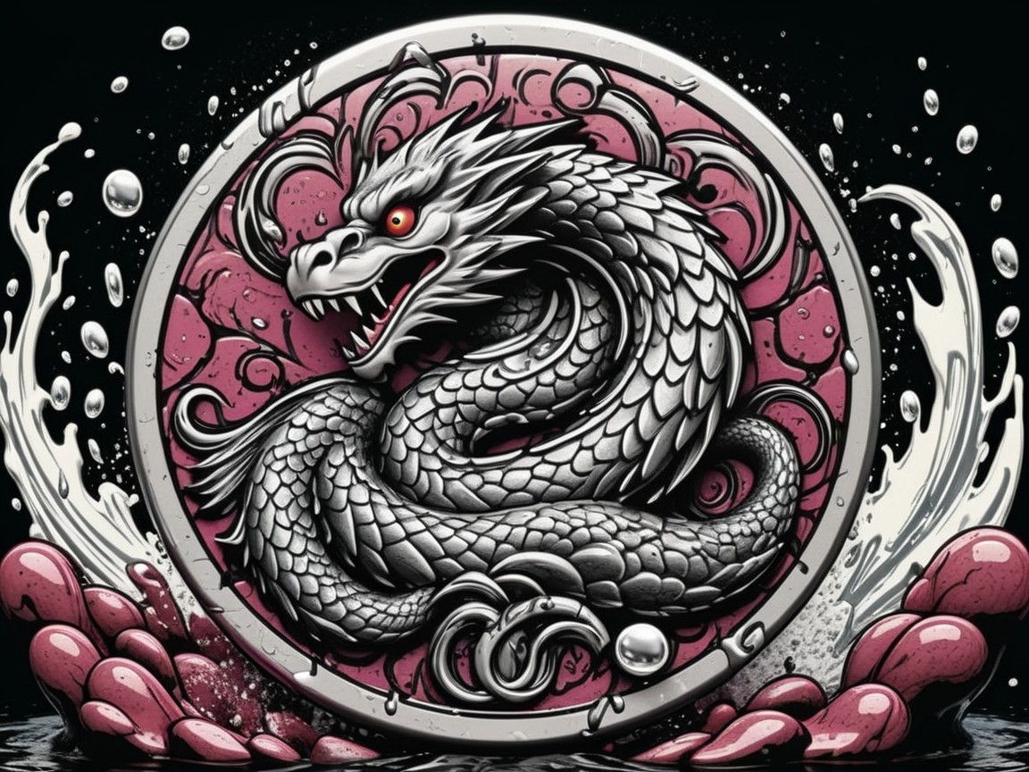 Fierce dragon coiled in circular frame with water design