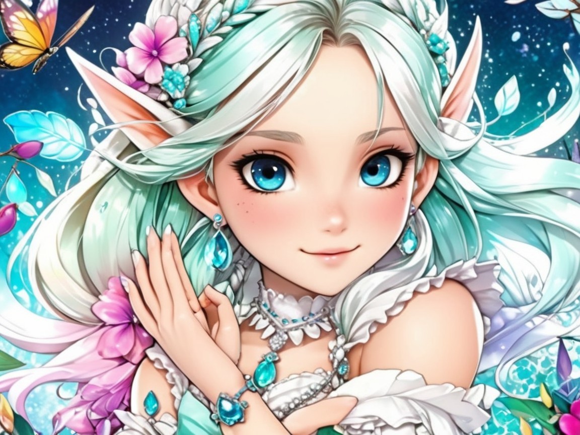 Fantasy Elf with Turquoise Hair and Floral Dress