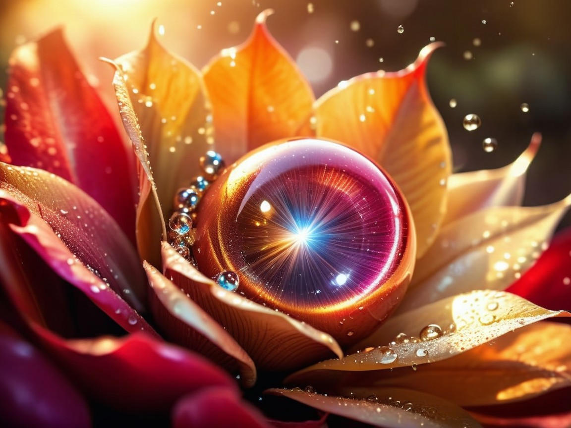 Close-up of a flower with glowing orb and dewdrops