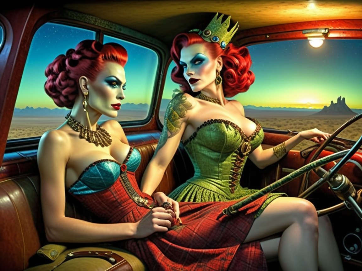 Glamorous Women in Vintage Car Against Desert Sunset