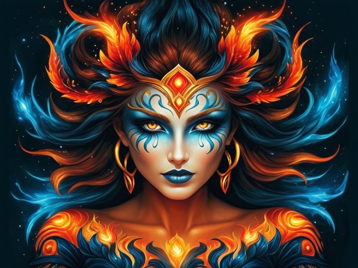 Striking Female Figure with Vibrant Hair and Markings
