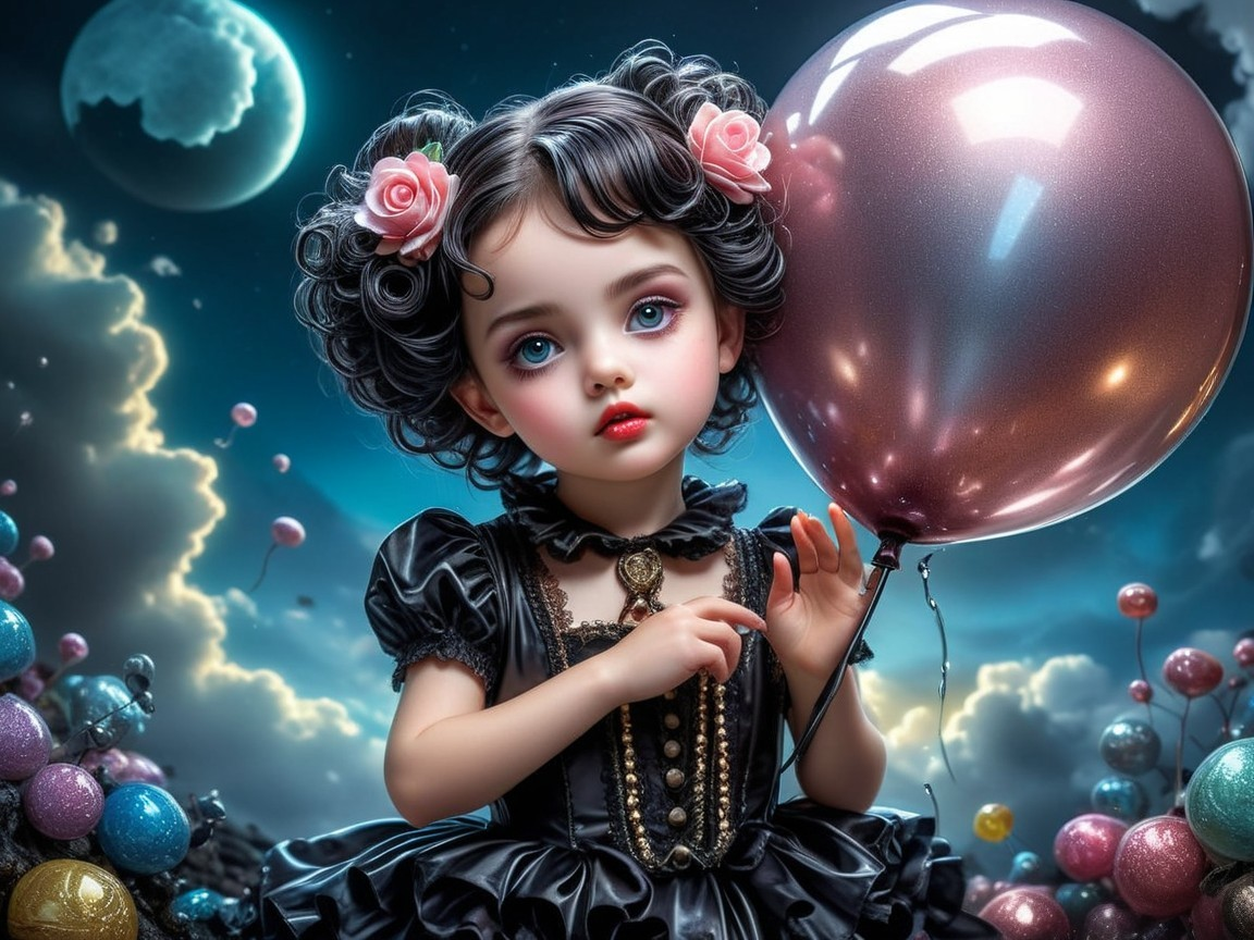 Young girl in vintage dress with balloon in dreamy scene