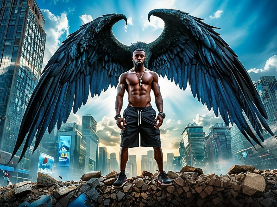 Muscular Man with Wings in Urban Rubble Landscape