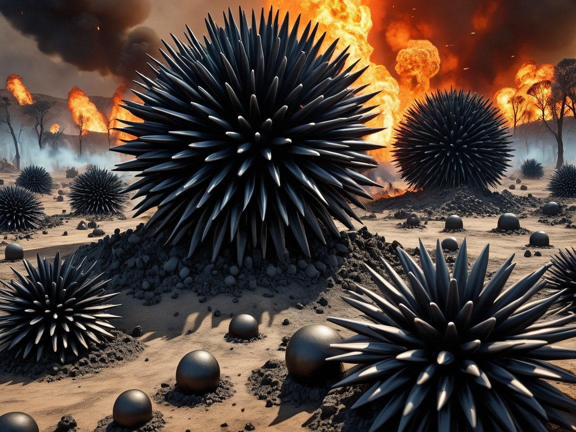 Surreal Landscape with Spiky Black Spheres and Fire