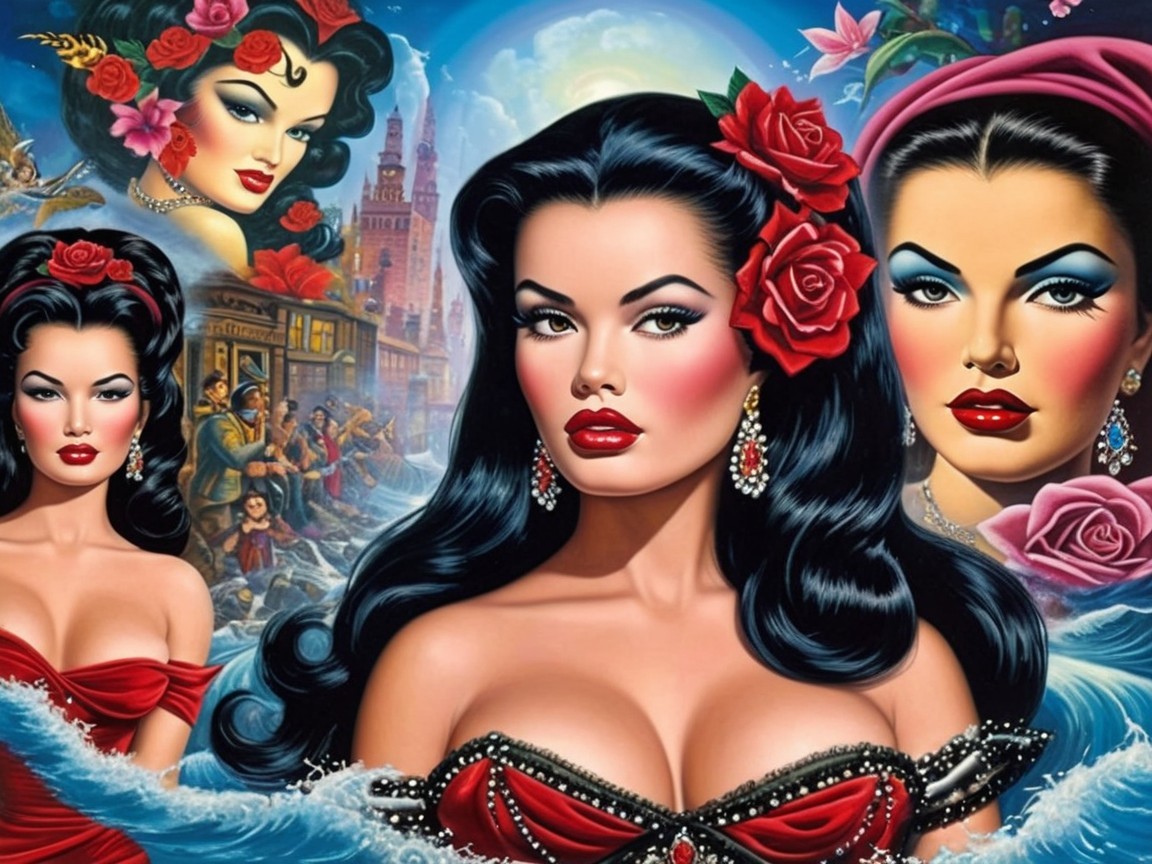 Retro Design with Glamorous Women in Red Dresses