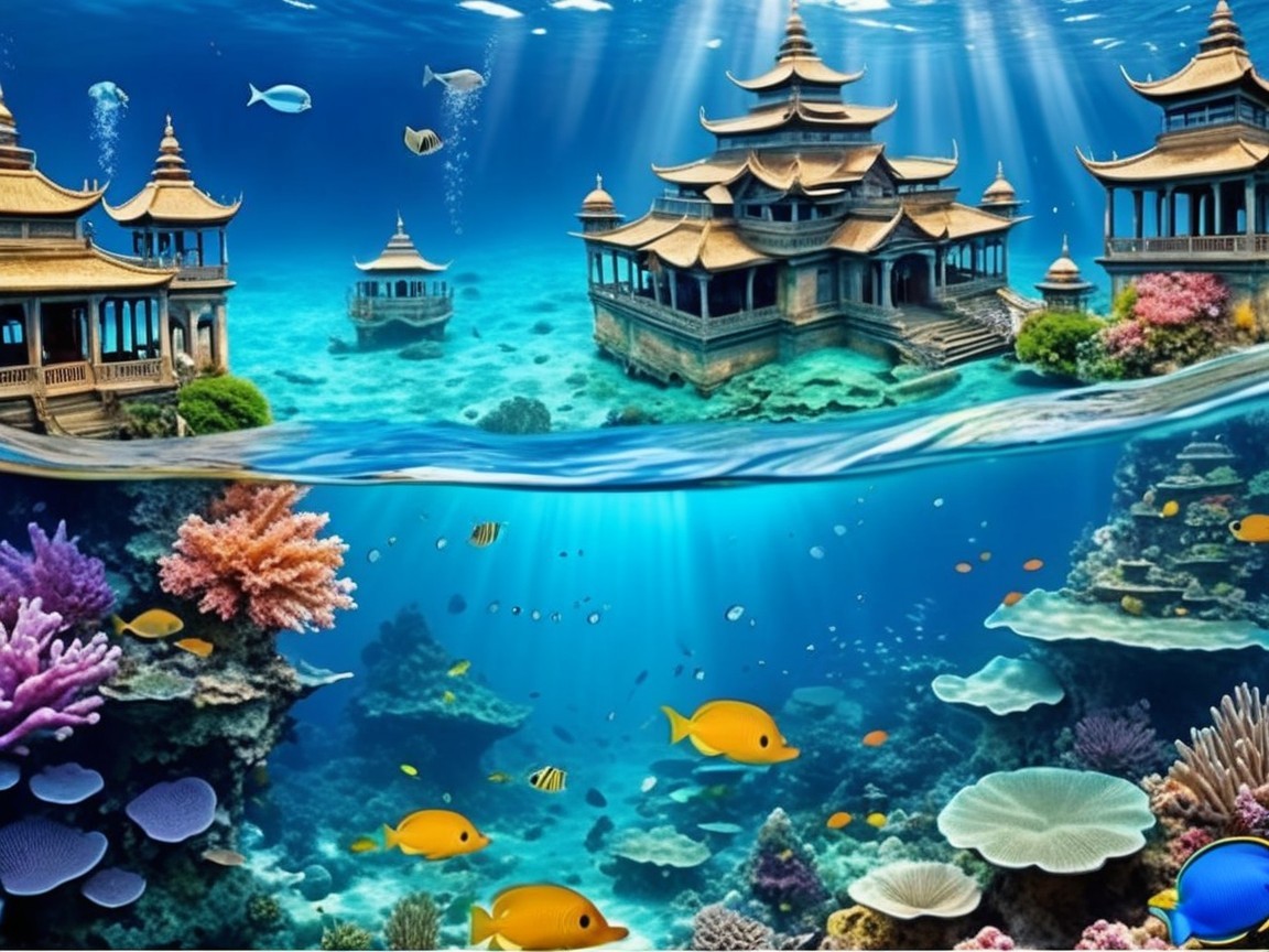 Underwater Temple Surrounded by Coral Reefs and Fish