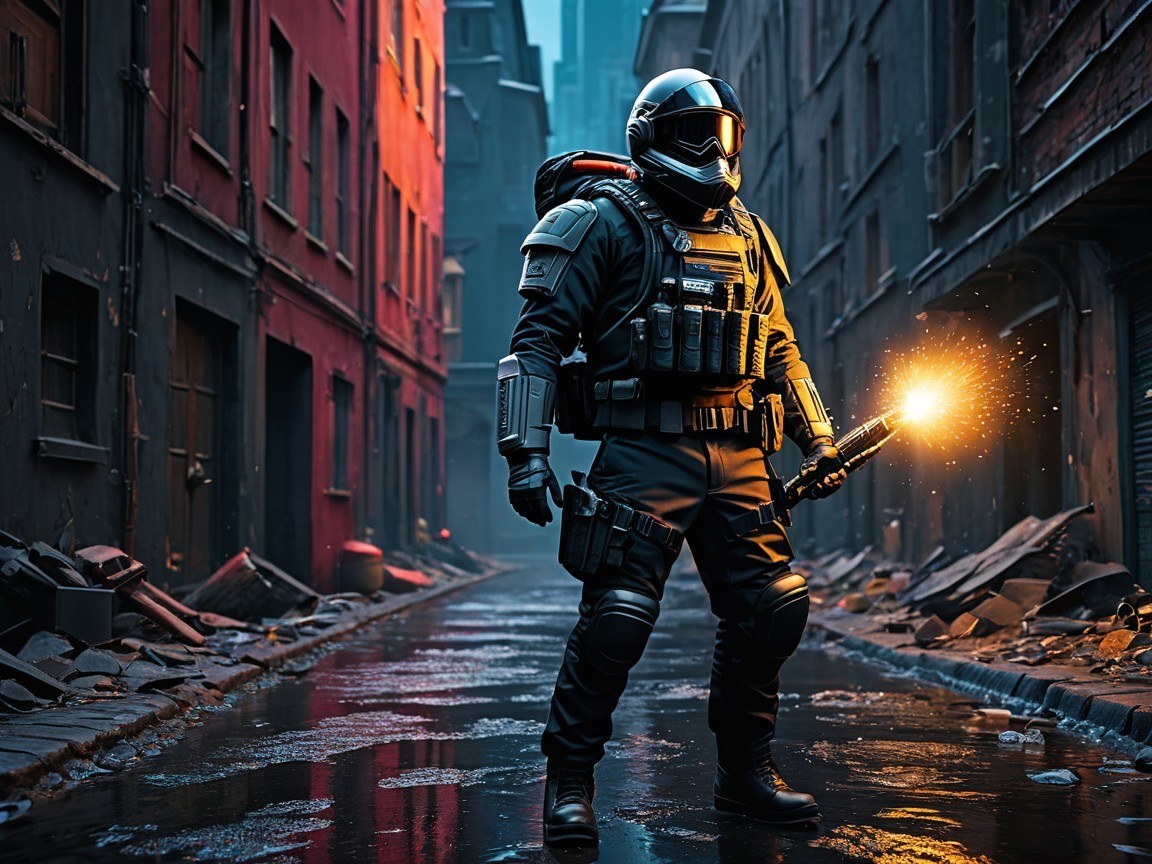 Futuristic figure in tactical suit in debris-filled alleyway
