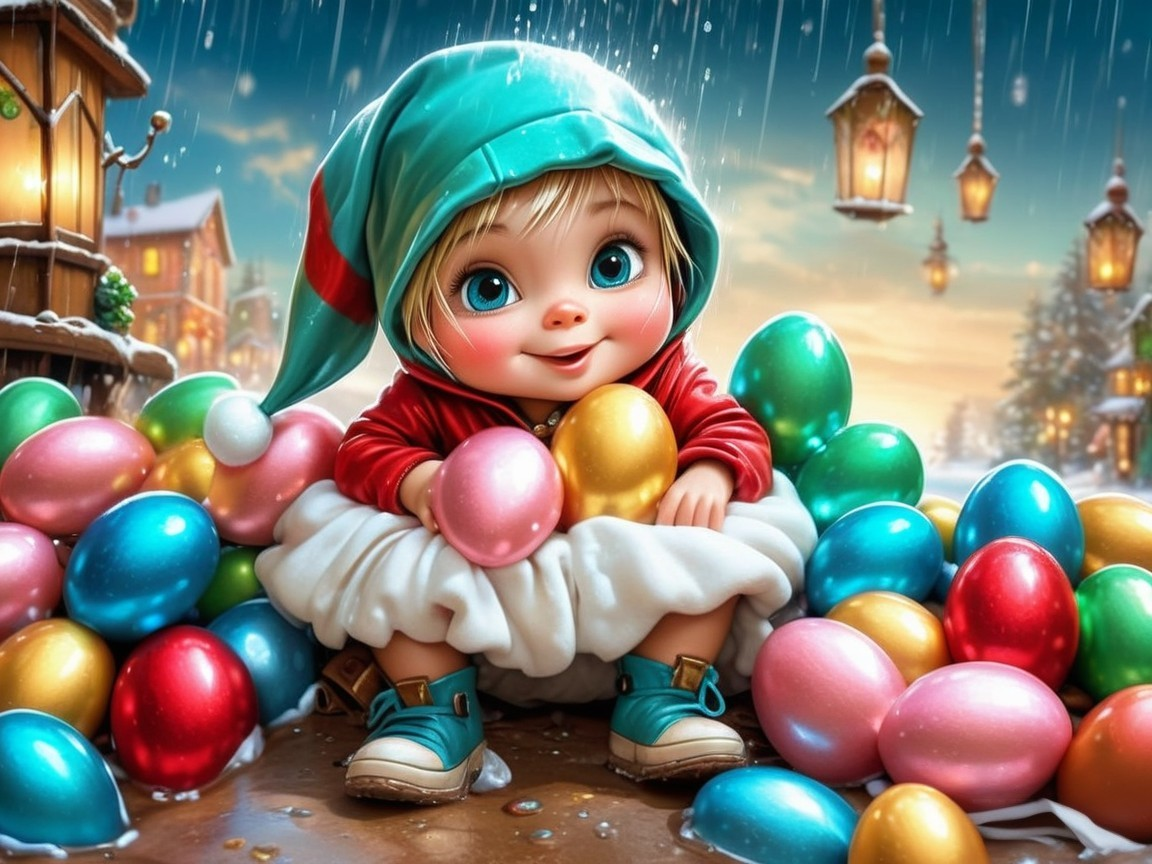 Whimsical Digital Painting of Baby Elf with Easter Eggs
