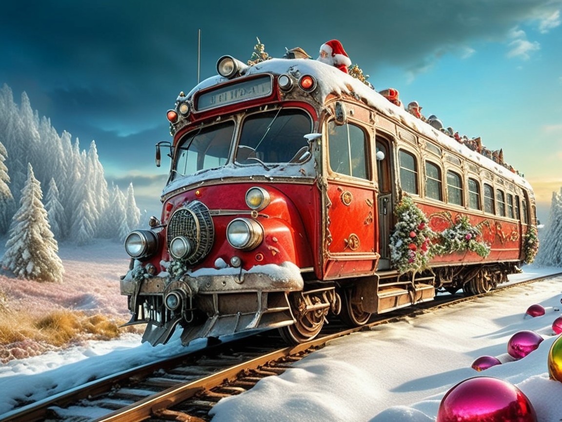 Vintage Red Trolley Train in Snowy Christmas Scene