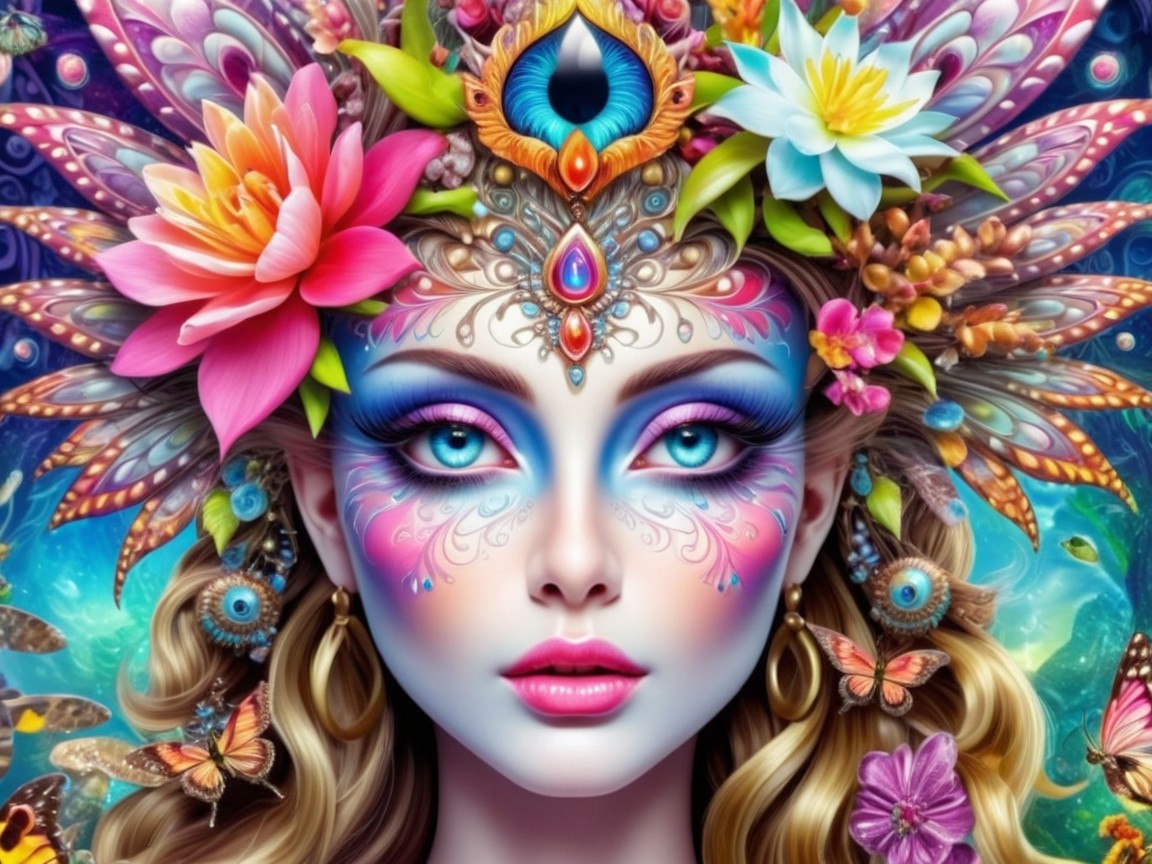 Ethereal Figure with Floral Patterns and Colorful Hair