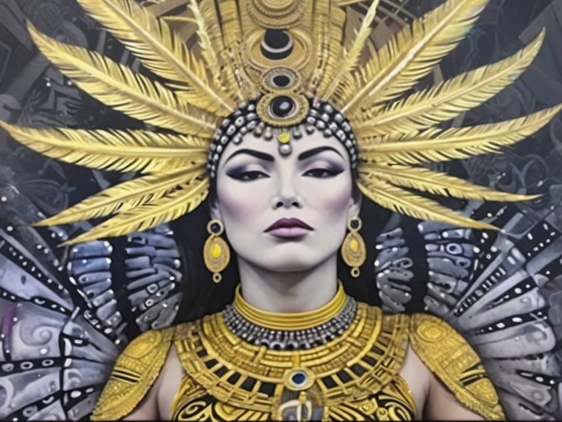 Ornate figure with golden headdress and intricate jewelry