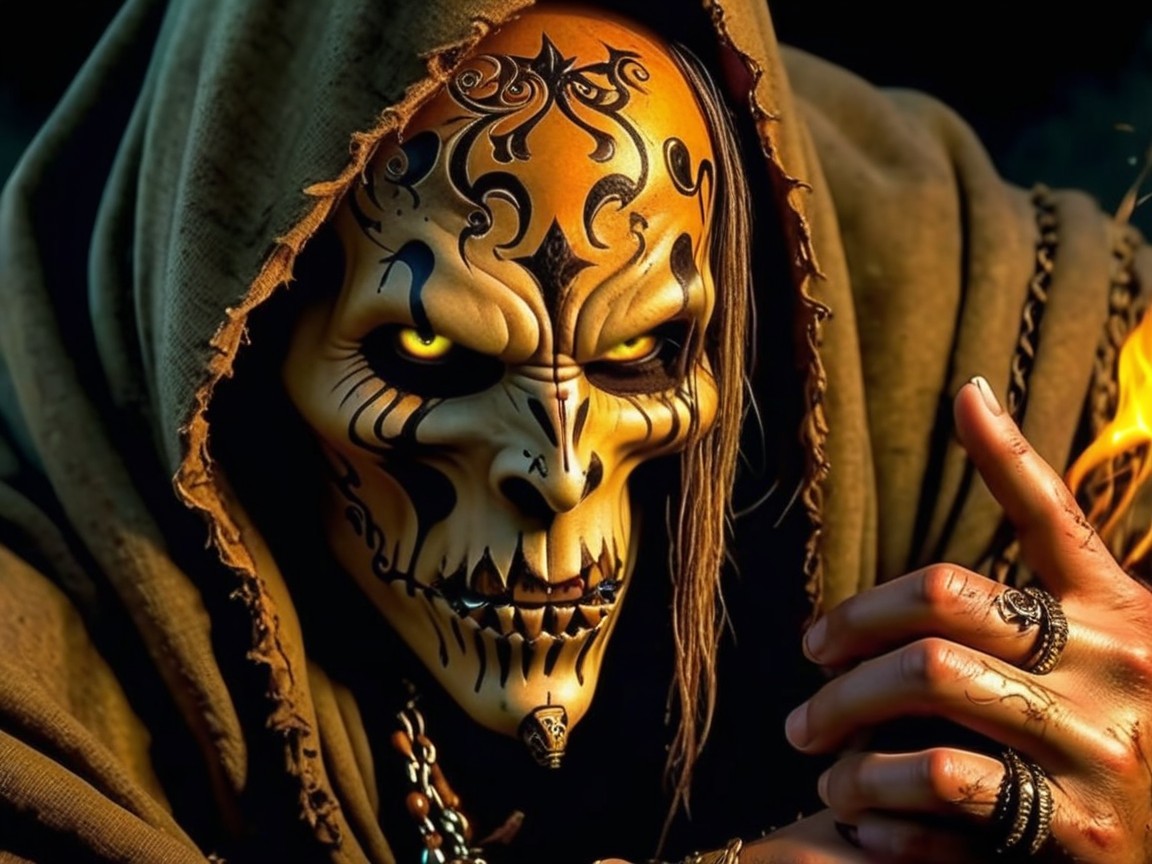 Sinister Cloaked Figure with Skull Face and Tattoos