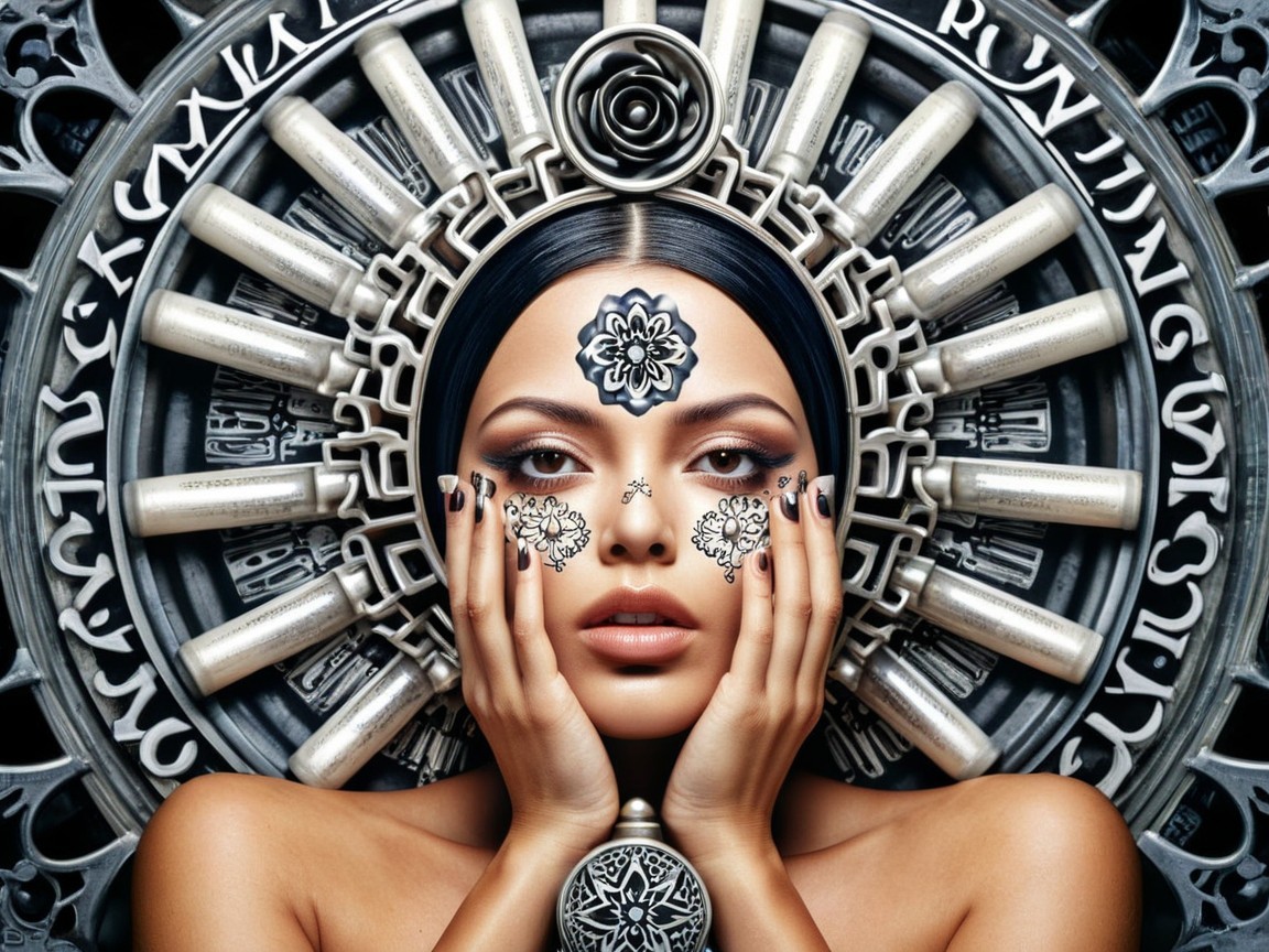 Portrait of a woman with black body art and decor