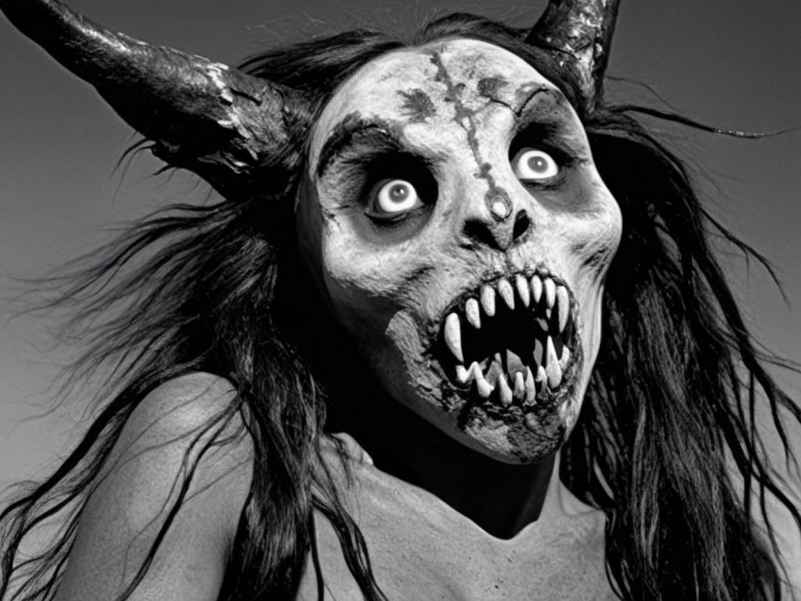 Terrifying Horned Creature with Skeletal Face and Hair