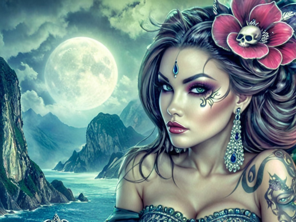Mythical Woman with Tattoos and Moonlit Mountains