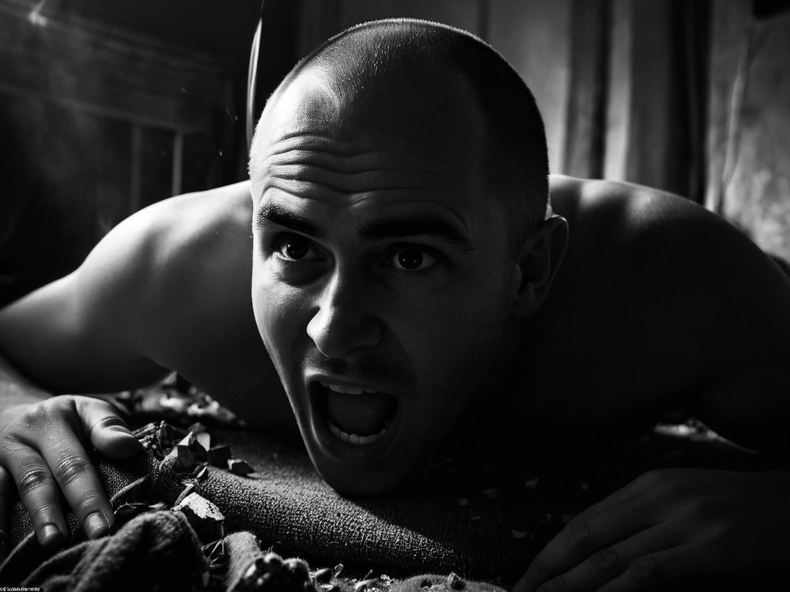 Muscular Man Expresses Anguish in Black-and-White Scene