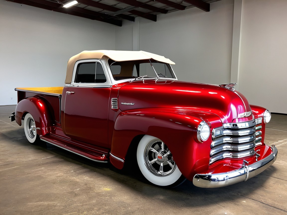 Vintage Red Pickup Truck with Chrome and Wood Accents