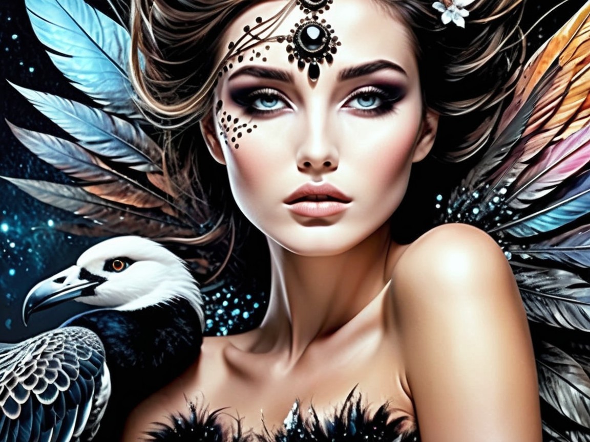 Striking Woman with Intricate Makeup and Cosmic Background
