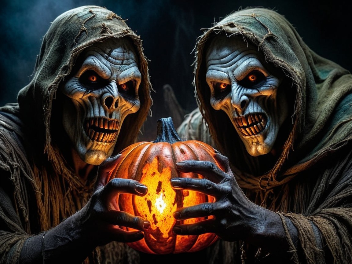 Eerie Hooded Figures with Carved Pumpkin in Foggy Scene