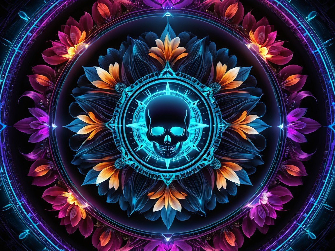 Vibrant Mandala Design with Glowing Blue Skull