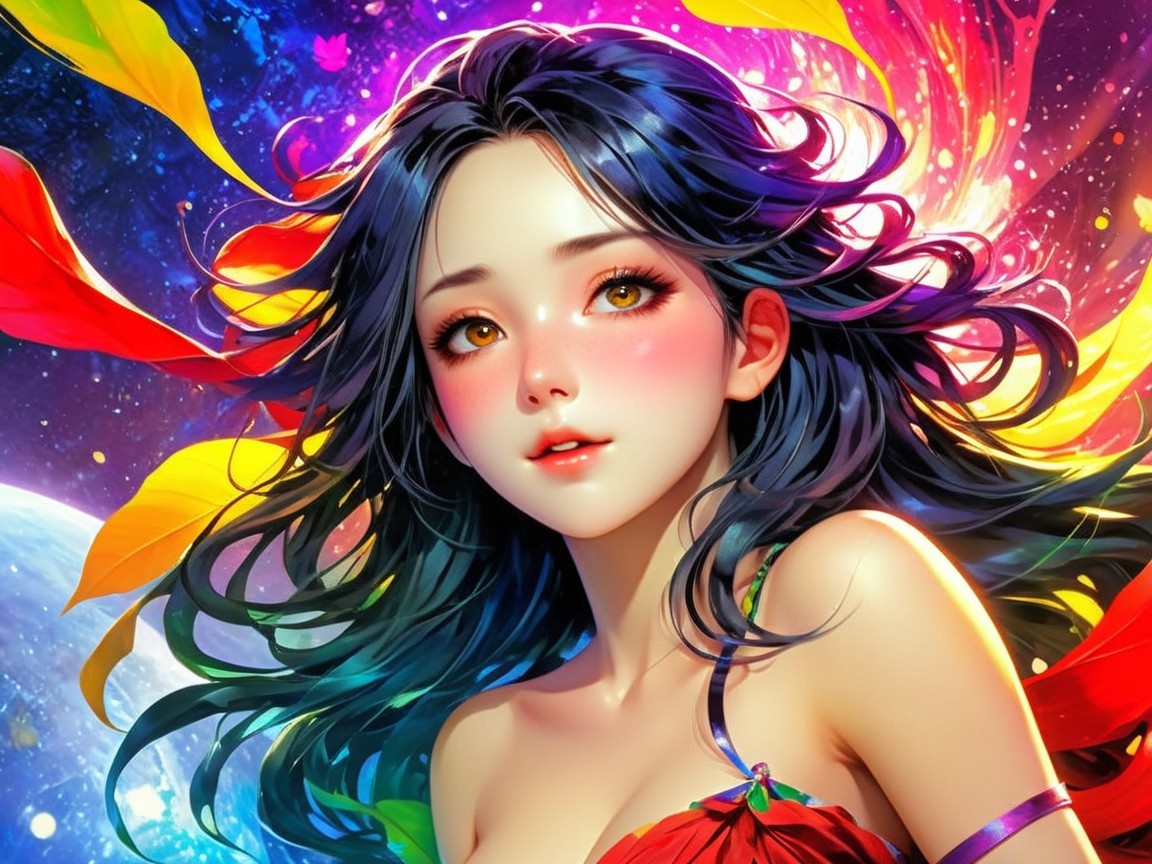 Young woman with flowing hair and cosmic background