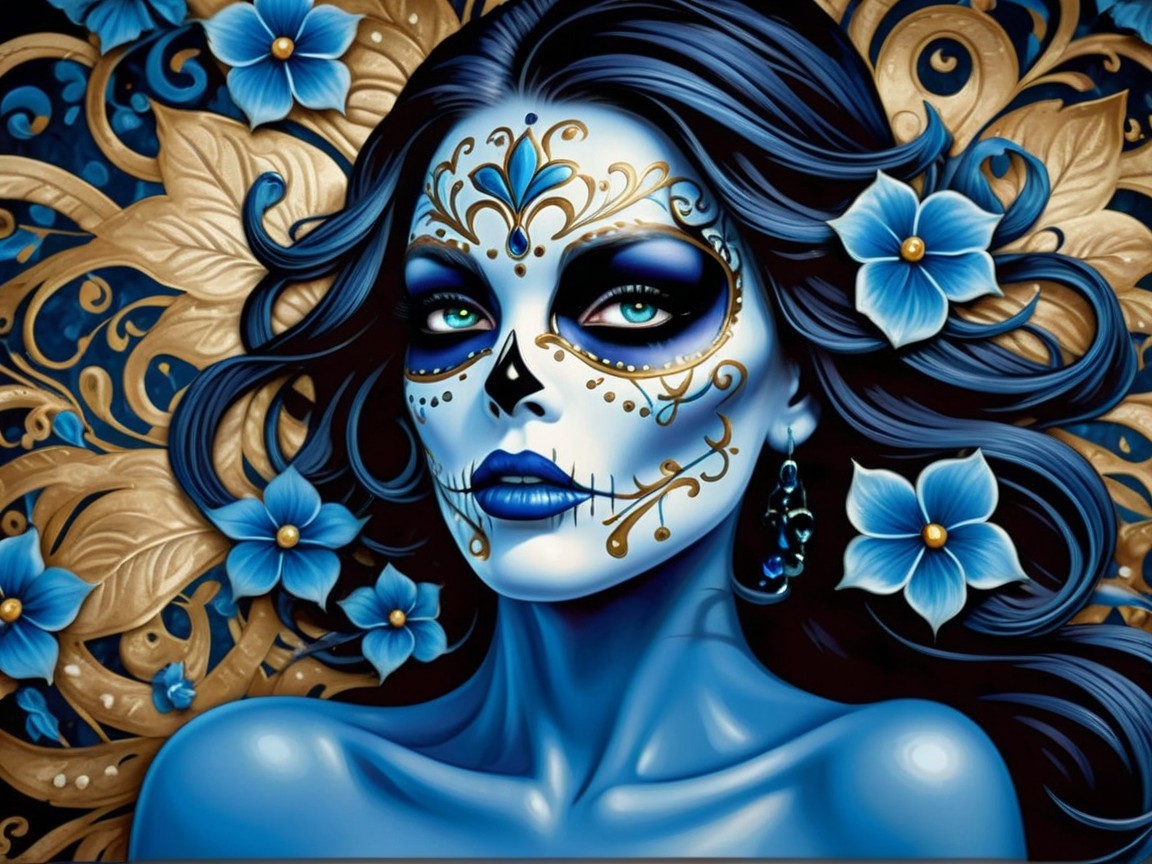 Woman with Blue Skull Face Paint and Floral Patterns