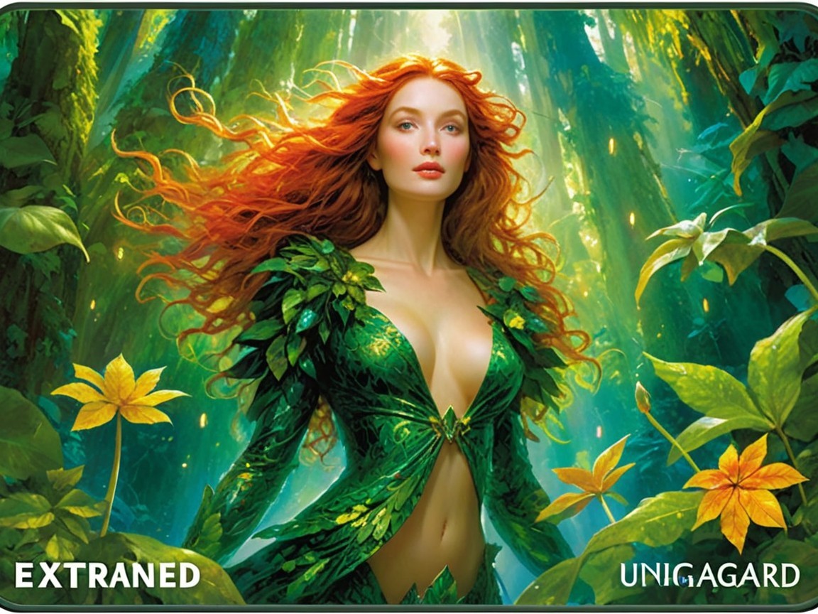 Ethereal figure in green outfit in vibrant forest