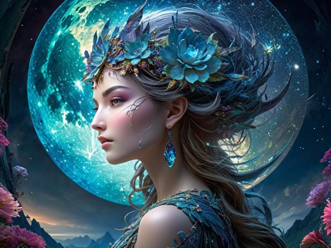 Mystical Woman in Ethereal Gown Under Full Moon
