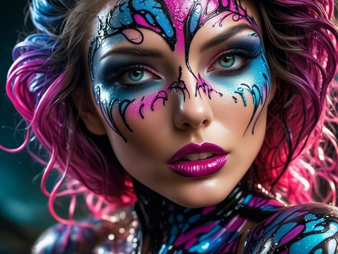Portrait of a Woman with Colorful Hair and Face Paint