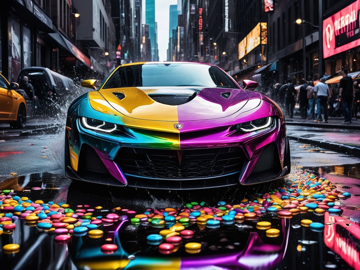 Vibrant Rainbow-Colored Sports Car in Urban Setting