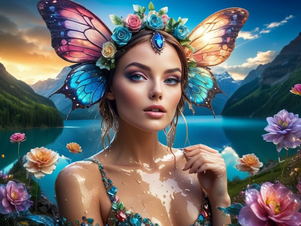 Young woman with butterfly wings by tranquil lake