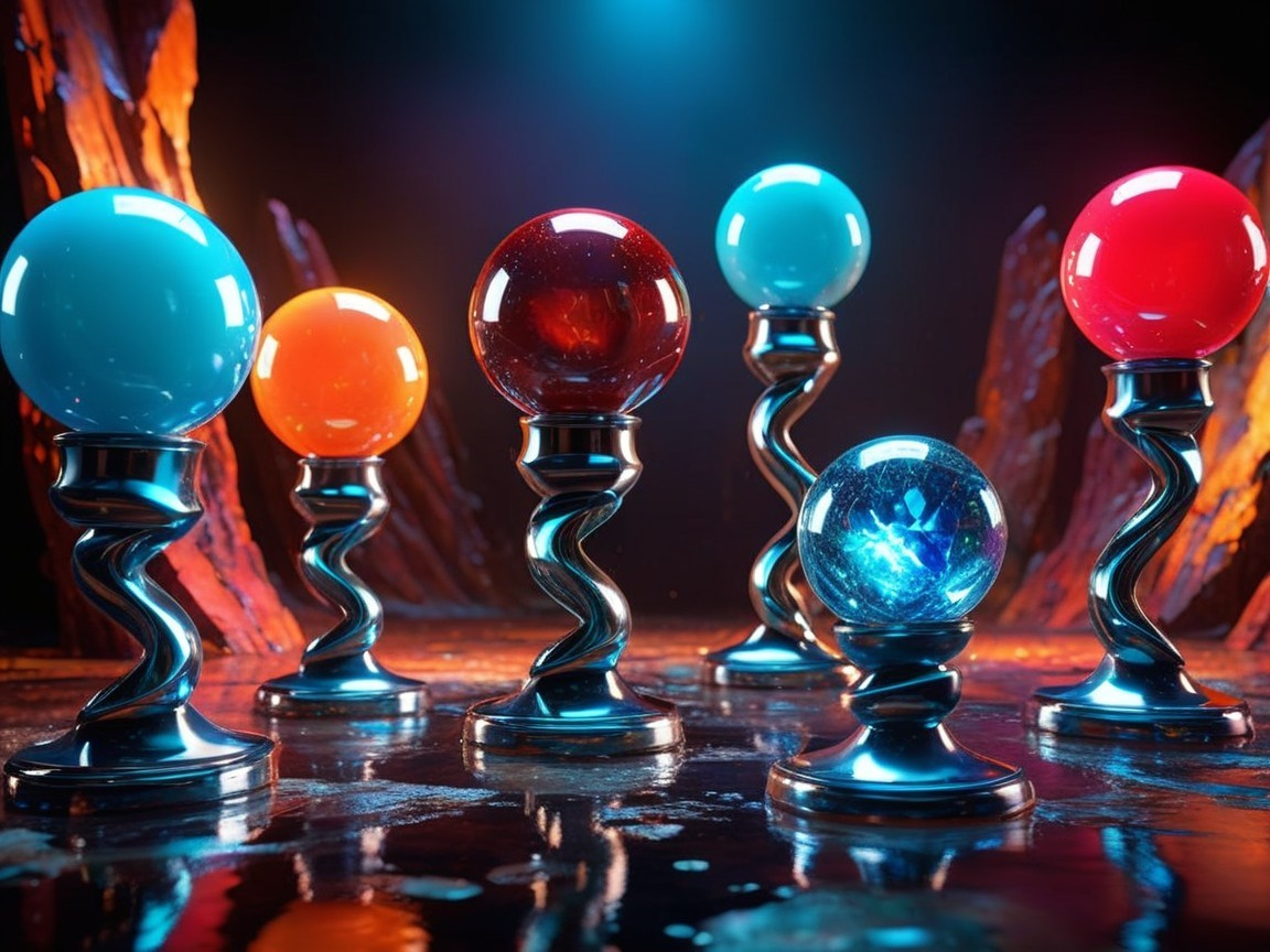Colorful Glowing Spheres on Iridescent Silver Pedestals