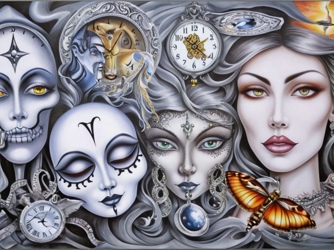 Surreal Artwork with Human Faces and Mystical Elements