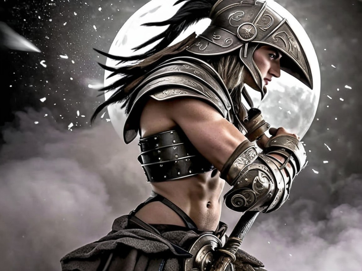Warrior in Armor Against Moonlit Backdrop