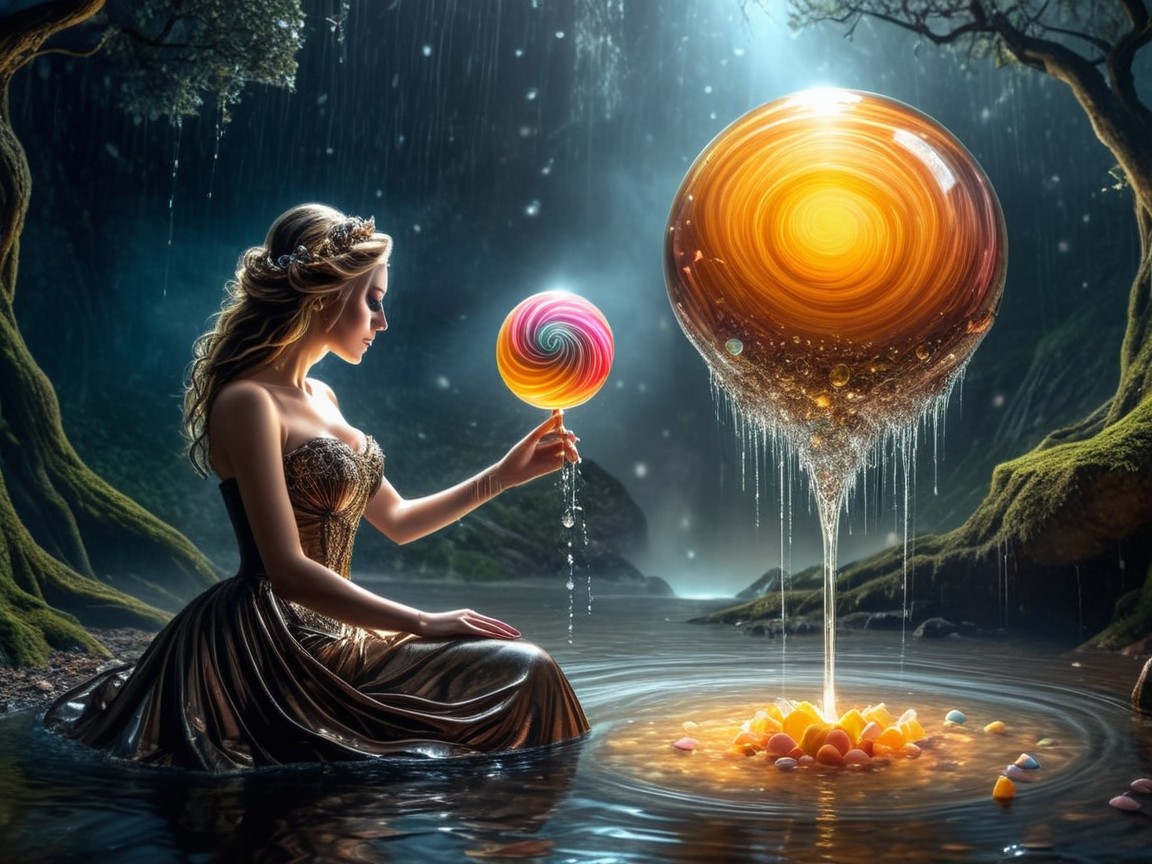 Enchanted Woman with Lollipop in Mystical Forest