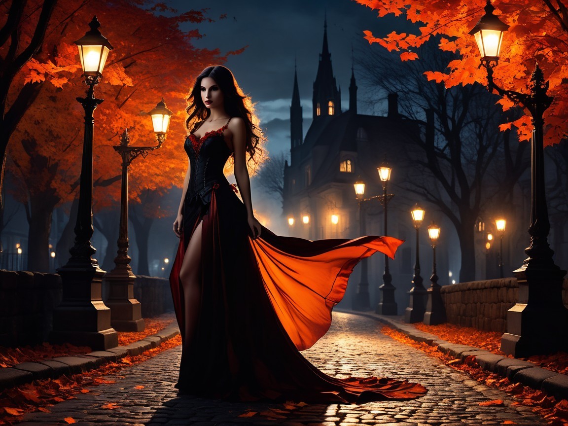 Mysterious Woman in Red Gown Amid Autumn Leaves