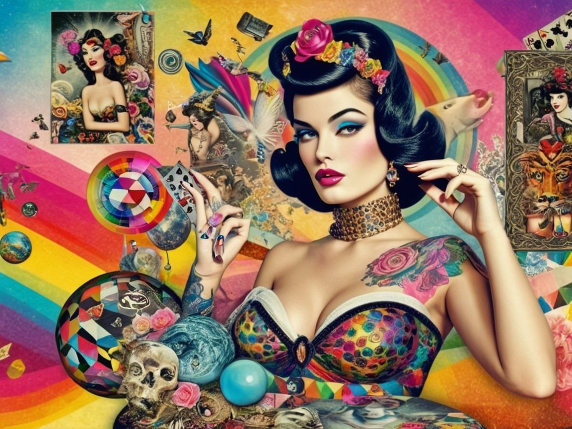 Glamorous Woman with Vintage Waves and Psychedelic Art